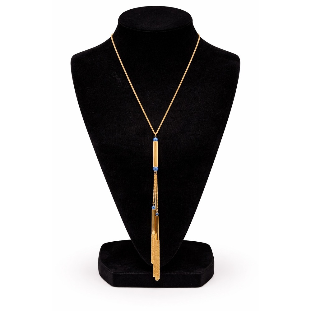 Lane Bryant Retro Gold Tone Rope Chain Link Oblong Beaded Tassel Necklace